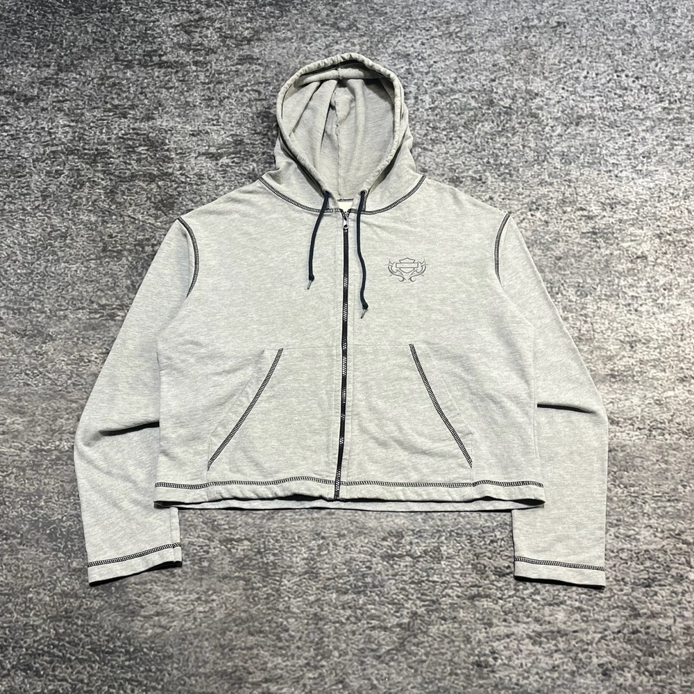 Harley Davidson Zip Up Hoodie Womens XL Gray Biker Logo Vintage‎ Y2K Sweatshirt
